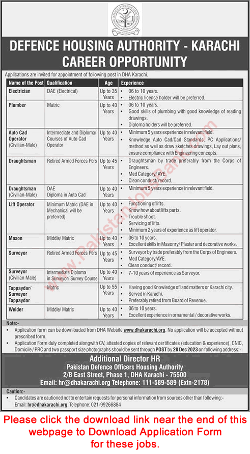 Dha Karachi Jobs December Application Form Defence Housing